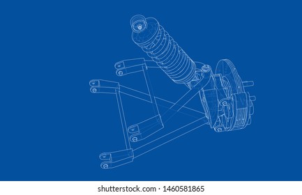 Car suspension with shock absorber. Vector rendering of 3d. Wire-frame style. The layers of visible and invisible lines are separated