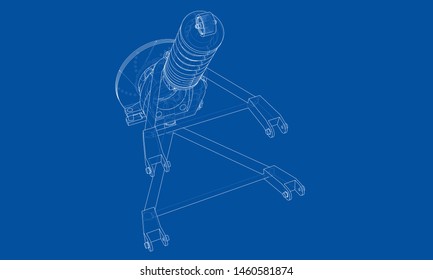 Car suspension with shock absorber. Vector rendering of 3d. Wire-frame style. The layers of visible and invisible lines are separated