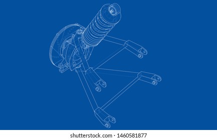 Car suspension with shock absorber. Vector rendering of 3d. Wire-frame style. The layers of visible and invisible lines are separated