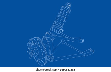 Car suspension with shock absorber. Vector rendering of 3d. Wire-frame style. The layers of visible and invisible lines are separated