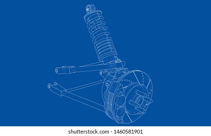 Car suspension with shock absorber. Vector rendering of 3d. Wire-frame style. The layers of visible and invisible lines are separated