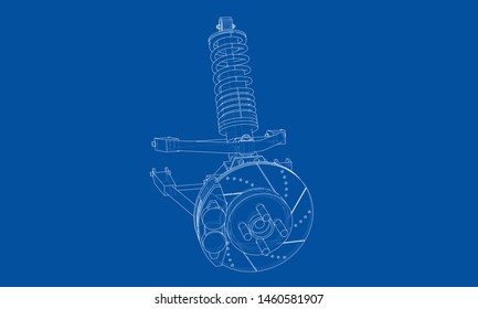 Car suspension with shock absorber. Vector rendering of 3d. Wire-frame style. The layers of visible and invisible lines are separated