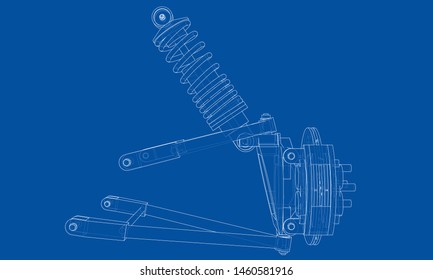 Car suspension with shock absorber. Vector rendering of 3d. Wire-frame style. The layers of visible and invisible lines are separated