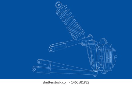 Car suspension with shock absorber. Vector rendering of 3d. Wire-frame style. The layers of visible and invisible lines are separated