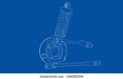 Car suspension with shock absorber. Vector rendering of 3d. Wire-frame style. The layers of visible and invisible lines are separated