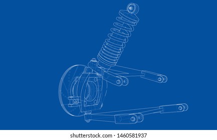 Car suspension with shock absorber. Vector rendering of 3d. Wire-frame style. The layers of visible and invisible lines are separated