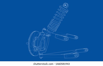 Car suspension with shock absorber. Vector rendering of 3d. Wire-frame style. The layers of visible and invisible lines are separated