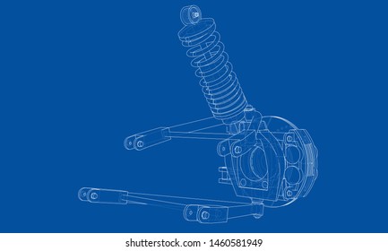 Car suspension with shock absorber. Vector rendering of 3d. Wire-frame style. The layers of visible and invisible lines are separated