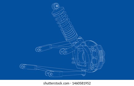 Car suspension with shock absorber. Vector rendering of 3d. Wire-frame style. The layers of visible and invisible lines are separated