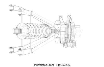 Car suspension with shock absorber. Vector rendering of 3d. Wire-frame style. The layers of visible and invisible lines are separated