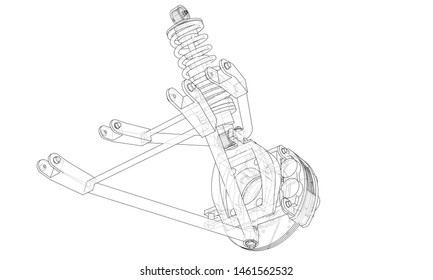 Car suspension with shock absorber. Vector rendering of 3d. Wire-frame style. The layers of visible and invisible lines are separated