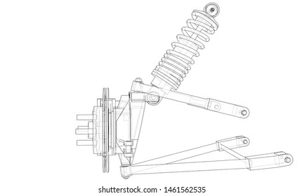 Car suspension with shock absorber. Vector rendering of 3d. Wire-frame style. The layers of visible and invisible lines are separated