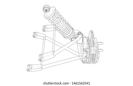 Car suspension with shock absorber. Vector rendering of 3d. Wire-frame style. The layers of visible and invisible lines are separated