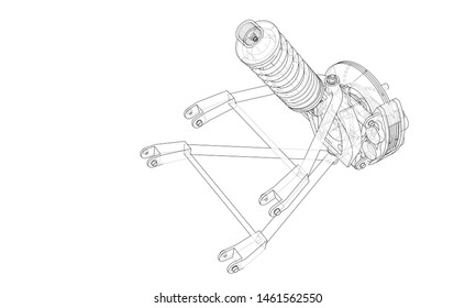 Car suspension with shock absorber. Vector rendering of 3d. Wire-frame style. The layers of visible and invisible lines are separated