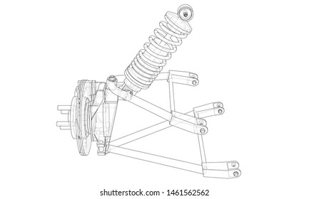 Car suspension with shock absorber. Vector rendering of 3d. Wire-frame style. The layers of visible and invisible lines are separated