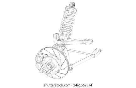 Car suspension with shock absorber. Vector rendering of 3d. Wire-frame style. The layers of visible and invisible lines are separated