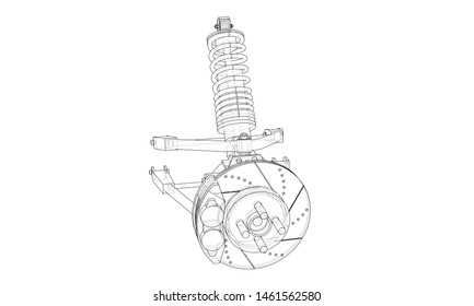 Car suspension with shock absorber. Vector rendering of 3d. Wire-frame style. The layers of visible and invisible lines are separated