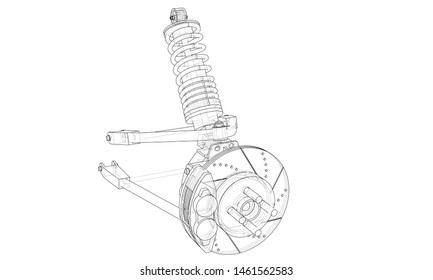 Car suspension with shock absorber. Vector rendering of 3d. Wire-frame style. The layers of visible and invisible lines are separated