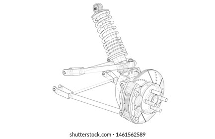 Car suspension with shock absorber. Vector rendering of 3d. Wire-frame style. The layers of visible and invisible lines are separated