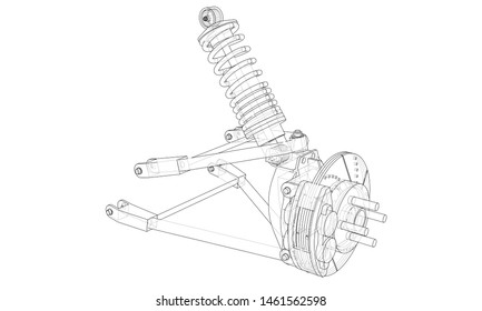 Car suspension with shock absorber. Vector rendering of 3d. Wire-frame style. The layers of visible and invisible lines are separated
