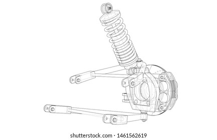 Car suspension with shock absorber. Vector rendering of 3d. Wire-frame style. The layers of visible and invisible lines are separated