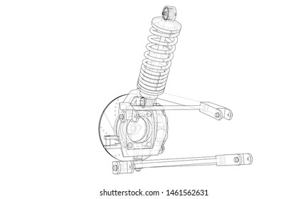Car suspension with shock absorber. Vector rendering of 3d. Wire-frame style. The layers of visible and invisible lines are separated