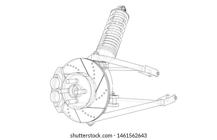 Car suspension with shock absorber. Vector rendering of 3d. Wire-frame style. The layers of visible and invisible lines are separated