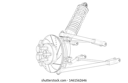 Car suspension with shock absorber. Vector rendering of 3d. Wire-frame style. The layers of visible and invisible lines are separated