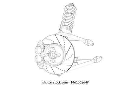 Car suspension with shock absorber. Vector rendering of 3d. Wire-frame style. The layers of visible and invisible lines are separated