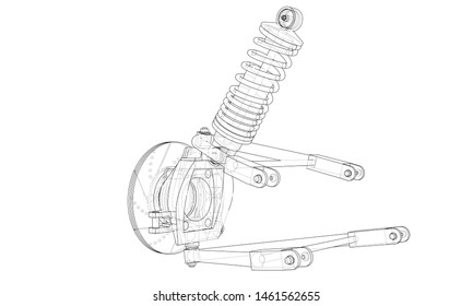 Car suspension with shock absorber. Vector rendering of 3d. Wire-frame style. The layers of visible and invisible lines are separated