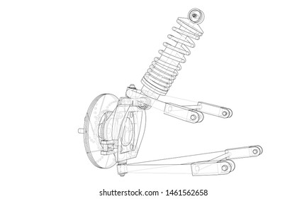 Car suspension with shock absorber. Vector rendering of 3d. Wire-frame style. The layers of visible and invisible lines are separated