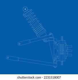 Car suspension with shock absorber. Vector rendering of 3d. Wire-frame style. The layers of visible and invisible lines are separated