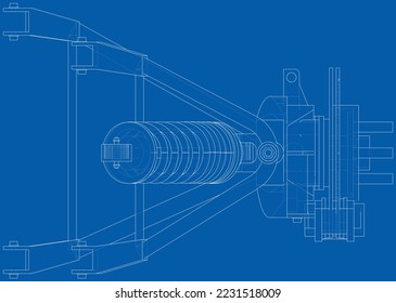 Car suspension with shock absorber. Vector rendering of 3d. Wire-frame style. The layers of visible and invisible lines are separated