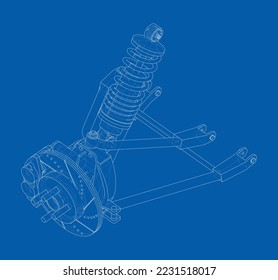 Car suspension with shock absorber. Vector rendering of 3d. Wire-frame style. The layers of visible and invisible lines are separated