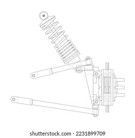 Car suspension with shock absorber. Vector rendering of 3d. Wire-frame style. The layers of visible and invisible lines are separated