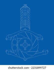 Car suspension with shock absorber. Vector rendering of 3d. Wire-frame style. The layers of visible and invisible lines are separated