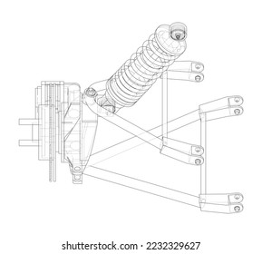 Suspensión del coche con amortiguador. Representación vectorial de 3d. Estilo de marco de cables. Las capas de líneas visibles e invisibles están separadas