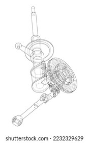 Car suspension with shock absorber. Vector rendering of 3d. Wire-frame style. The layers of visible and invisible lines are separated