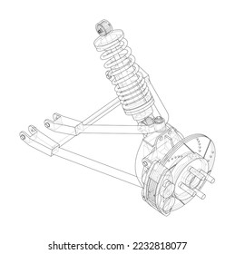 Car suspension with shock absorber. Vector rendering of 3d. Wire-frame style. The layers of visible and invisible lines are separated