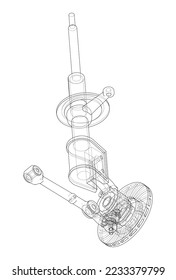 Car suspension with shock absorber. Vector rendering of 3d. Wire-frame style. The layers of visible and invisible lines are separated