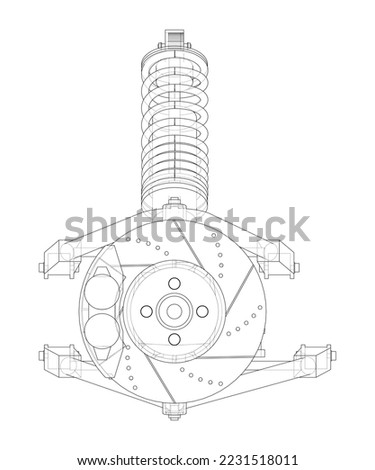 Car suspension with shock absorber. Vector rendering of 3d. Wire-frame style. The layers of visible and invisible lines are separated