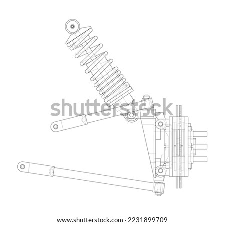 Car suspension with shock absorber. Vector rendering of 3d. Wire-frame style. The layers of visible and invisible lines are separated
