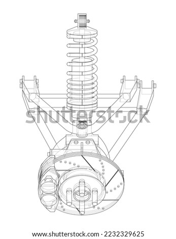 Car suspension with shock absorber. Vector rendering of 3d. Wire-frame style. The layers of visible and invisible lines are separated
