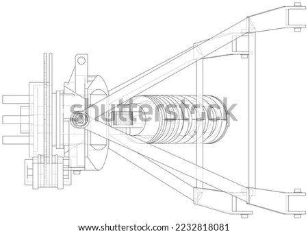Car suspension with shock absorber. Vector rendering of 3d. Wire-frame style. The layers of visible and invisible lines are separated