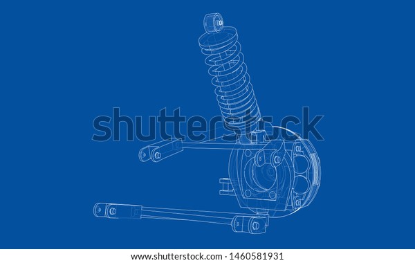 Car suspension with shock absorber. Vector\
rendering of 3d. Wire-frame style. The layers of visible and\
invisible lines are\
separated