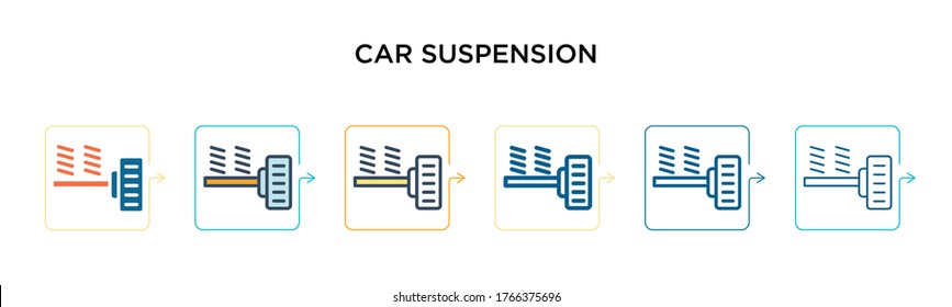 Icono vector de suspensión de coche en 6 estilos diferentes modernos. Iconos de suspensión de coche de color negro, de dos colores, diseñados con un estilo relleno, contorno, línea y trazo. La ilustración vectorial puede utilizarse para la web, el móvil,