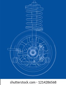 Car suspension with wheel tire and shock absorber. Vector rendering of 3d. Wire-frame style. The layers of visible and invisible lines are separated