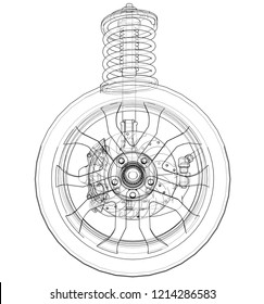 Car suspension with wheel tire and shock absorber. Vector rendering of 3d. Wire-frame style. The layers of visible and invisible lines are separated