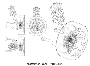 Car suspension with wheel tire and shock absorber. Vector rendering of 3d. Wire-frame style. The layers of visible and invisible lines are separated