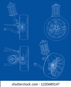 Car suspension with wheel tire and shock absorber. Vector rendering of 3d. Wire-frame style. The layers of visible and invisible lines are separated